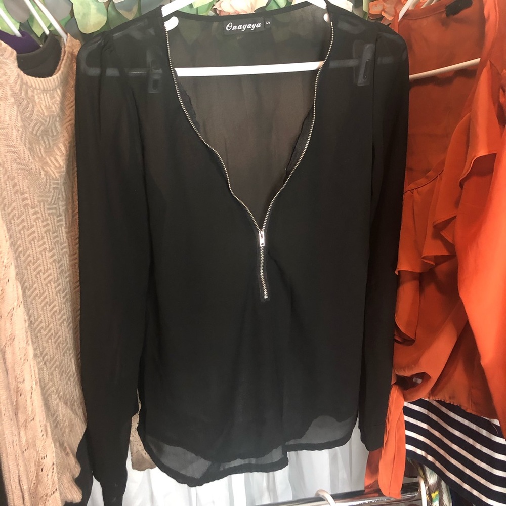 Sheer V Neckline w/ Zipper Blouse